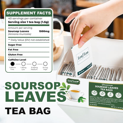 LeafLea 80 Soursop Leaf Tea Bags, from Natural Soursop Leaves (Graviola), Herbal Blend for Wellness, Sour Sop Herbal Tea Individually Wrapped for Freshness, Caffeine-Free, Vegan, No Sugar, Non-GMO