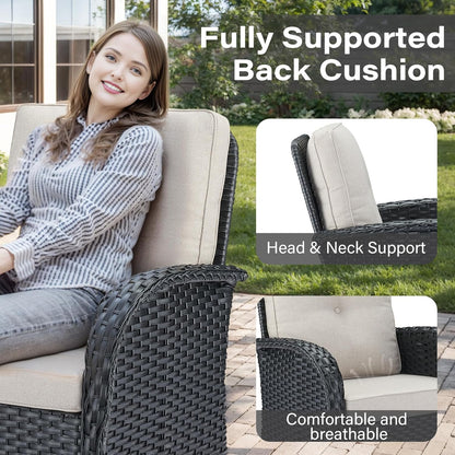 8 Piece Patio Furniture Set with 50000 BTU Propane Fire Pit Table, Outdoor Conversation Set with 2 Swivel Rocker Chairs Wicker Sofa and Ottomans for Casual Gatherings Black