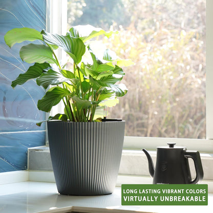Dexceder 11x10 Self Watering Planters Indoor, Inner Mat Design, Table Flower Plant Pot with Water Level Indicator (2 Pack, Gray)