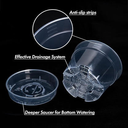 6 Inch Clear Plastic Plant Pot with Drainage Holes, Interlocking & Detachable Tray - Deep Saucer - Durable BPA-Free Plastic, Transparent Design, Raised Base for Airflow, Set of 24, 92-X-C-4