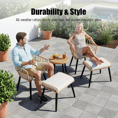 5 Piece Outdoor Bistro Set, Waterproof Patio Furniture Conversation Set, Patio Table and Chairs with Foot Rest, Small Outdoor Wicker Chairs for Porch, Backyard, Deck, Balcony