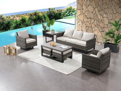 HUMMUH 3-Piece Patio Swivel Chairs,PE Wicker Outdoor Rocking Chairs Bistro Set with Side Table Porch Balcony Furniture with Cushions