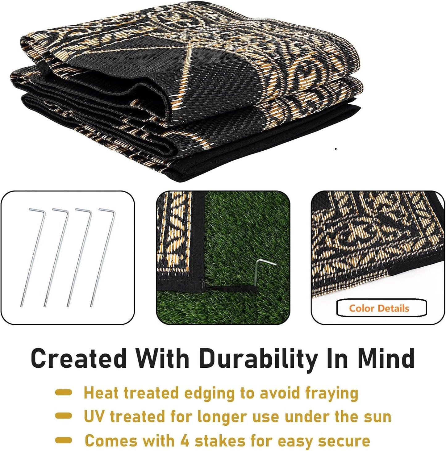 Outdoor Rug 8'x10' for Patios Waterproof Patio Rugs Outdoor Mats for Front Porch,Beach Mat,Reversible Plastic Straw Camping Rugs for Outside RV,Deck,Balcony,Backyard，Black&Beige