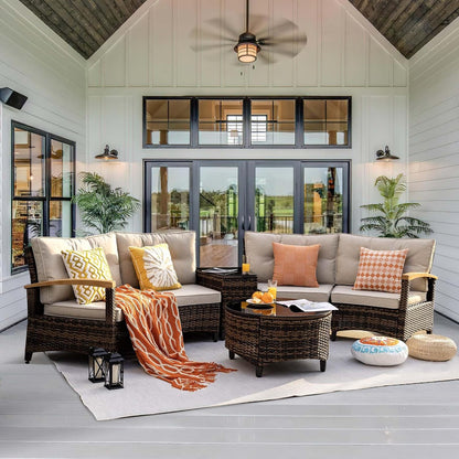 6 Piece Outdoor Patio Furniture Set, Half-Moon Curved Sectional Set with Wood Armrests, Patio Conversation Set, Tempered Glass Coffee & Side Tables (Brown)