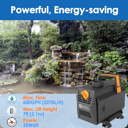 AquaMiracle 600GPH Submersible Water Pump Pond Pump(2270L/H, 35W), Water Fountain Pump Aquarium Water Pump with Flow Control for Fish Tank, Waterfall, Statuary, Filtration, Water feature, Hydroponics