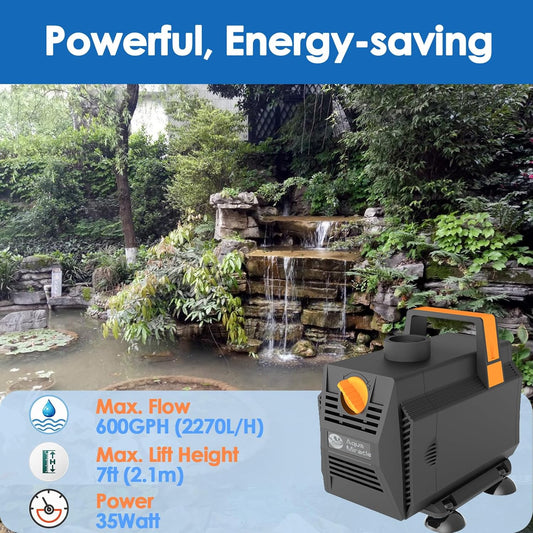 AquaMiracle 600GPH Submersible Water Pump Pond Pump(2270L/H, 35W), Water Fountain Pump Aquarium Water Pump with Flow Control for Fish Tank, Waterfall, Statuary, Filtration, Water feature, Hydroponics