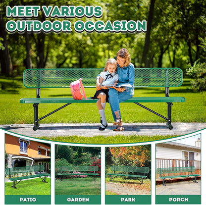 8FT Heavy Duty Park Bench with Back Portable Frame, Outdoor Metal Park Bench with Backrest, Steel Mesh Outdoor Bench for Garden, Lawn, Patio, Porch, Park, Yard, Green