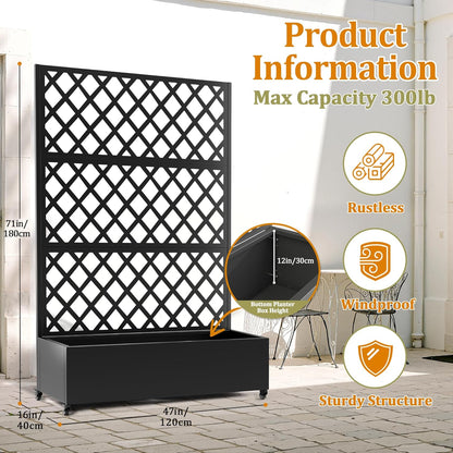 Metal Planter Box with Trellis, Heavy-Duty Raised Garden Bed for Climbing Plants, Drainage Hole, Outdoor Planter Box with Privacy Screen，47''L×16''W×71''H