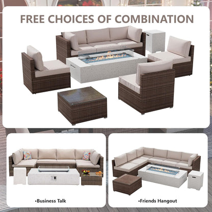 8 Piece Patio Furniture Set - Outdoor Conversation Sets with 56" Fire Table and Coffee Table, Rattan Modular Sofa Set for Garden/Poolside, Beige/Brown