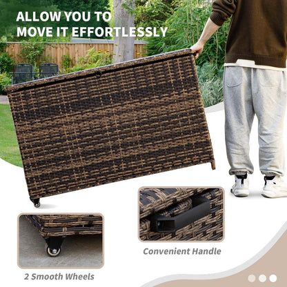 178 Gallon Outdoor Storage Box, Handle Large Portable Wicker Rattan Deck Box for Patio Furniture Cushions, Patio Deck Box with 2 WheelsThrow Pillows, Garden Tools and Pool Floats (Brown)