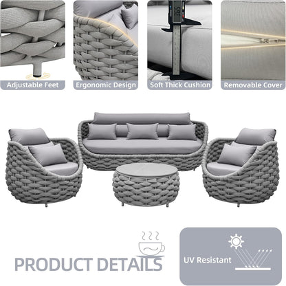 Aluminum Modern Patio Set Three Seater Sofa Outdoor Furniture Set w/Coffee Table,Patio Conversation Set with Hand Woven Teslin Rope for Bedroom Backyard Poolside, Light Grey