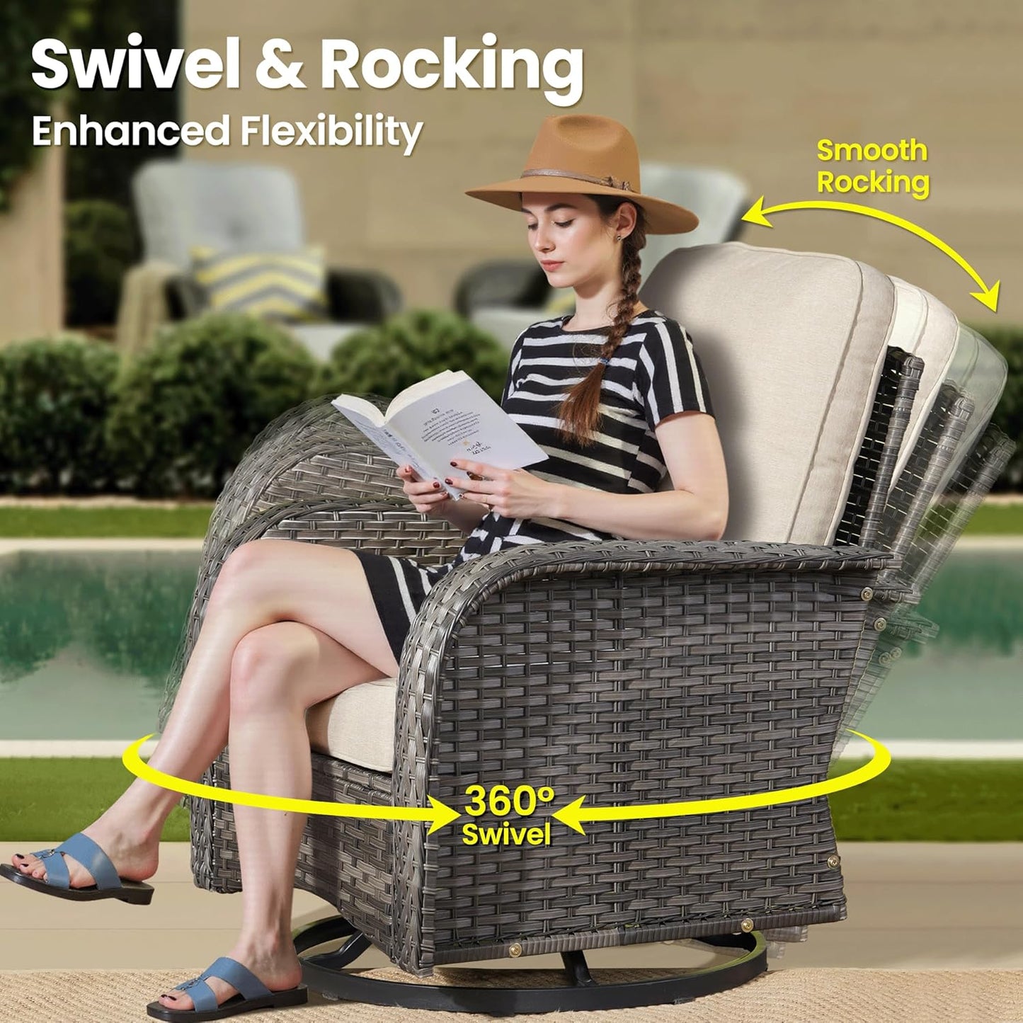 ovios 7 Pieces Patio Furniture Set, Outdoor Wicker Sofa with Swivel Chairs, Coffee Table, All Weather High Back Rattan Loveseat Couch with Comfy Cushions, Beige