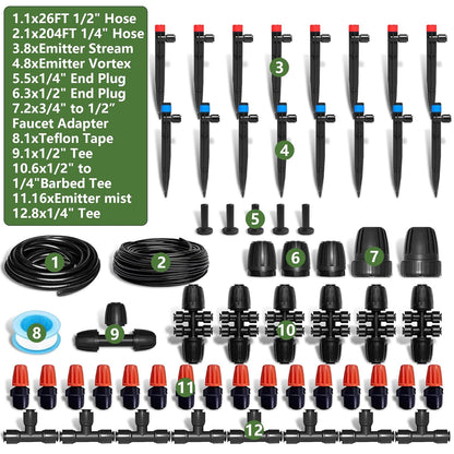 230FT Watering System for Outdoor Plants, Quick-Connect Garden Drip Irrigation Kits with 1/2" & 1/4",Hose Irrigation Equipment, Adjustable Nozzles & Sprinklers for Yard, Greenhouse,Raised Bed,Lawn