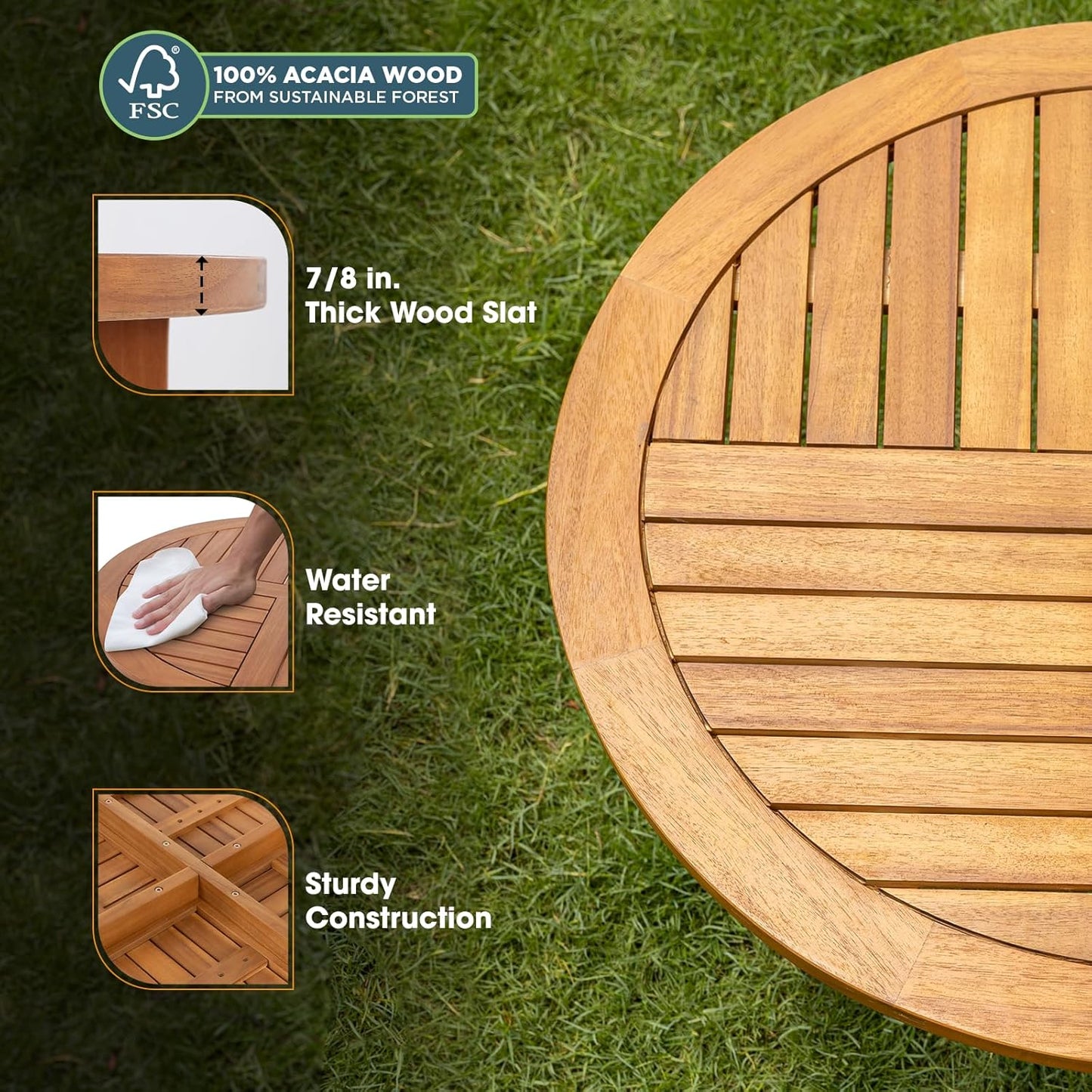 IDZO Outdoor Bistro Dining Table Heavy Duty 270lbs Capacity, FSC Acacia Wood, Elegant & Minimalist Design for Garden, Backyard, Porch, Patio