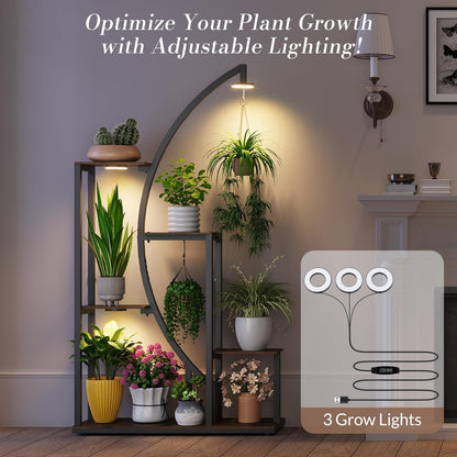 61” Tall Metal Plant Stand with Grow Lights, Tiered Indoor Shelf for Multiple Plants, Large Corner Display Rack with Adjustable Lamps, Hanging Hooks & Wooden Shelves for Living Room, Patio Balcony