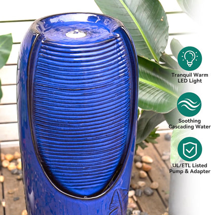 Autodaya 33" H Outdoor Garden Fountain with LED Lights, Modern Ceramic Jar Water Fountain, 3D Tropical Leaf Pattern, Cobalt Blue Glaze, Soothing Cascading Waterfall for Relaxing Patio, Yard, Porch