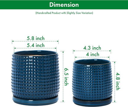D'vine Dev 6 Inch 4 Inch Ceramic Indoor Planter Pots with Drainage Hole and Saucer, Beaded Design Flower Pots, Set of 2, Blue, 27-D-U-3