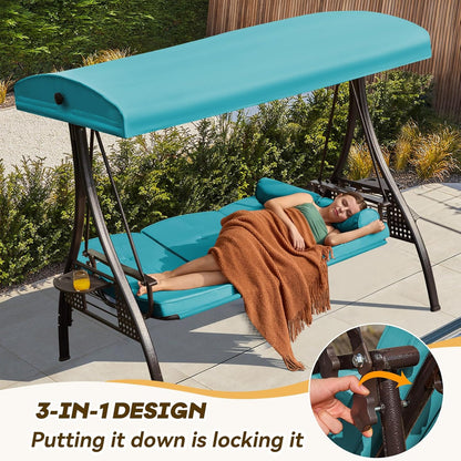 3 in 1 Outdoor Porch Swing with Adjustable Canopy, 3 Seat Outdoor Swing for Adults, Patio Swing Chair with Thickened Cushions,Pillows & Cup Holders for Backyard, Porch, Garden (Lake Blue)