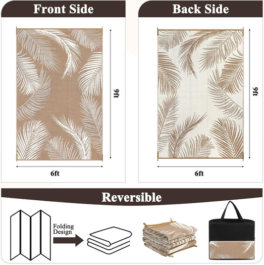Pauwer Waterproof Outdoor Rug 6x9, Reversible Plastic Straw Patio Camping Rug, Indoor Outdoor RV Mat Carpet for Deck, Camper, Porch, Balcony, Backyard, Picnic, Leaf Brown