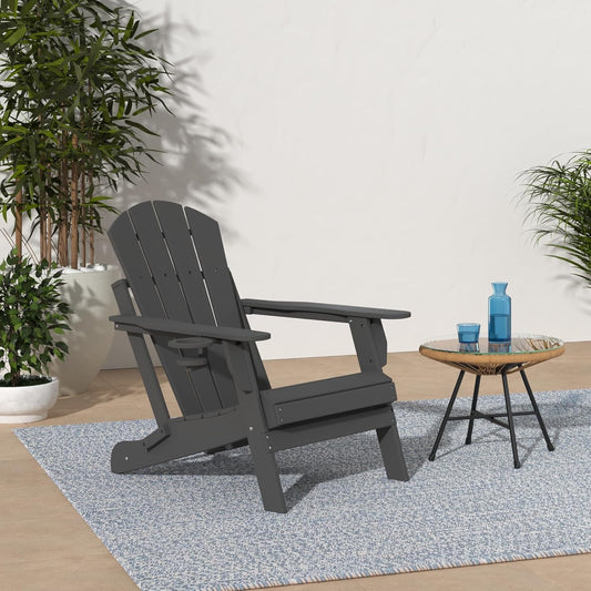GREENVINES Folding-Adirondack-Chairs-Set-of-2 | HDPE Plastic | Fire Pit Chair | All Weather | Cup Holder | Grey | for Deck Backyard Patio Outdoor Garden