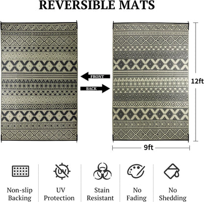 9'x12' Reversible Outdoor Rug - Eco-Friendly Plastic Straw Rug-Heavy-Duty Waterproof Mat, UV & Fade Resistant for Patio, Camping, RV, Deck, Balcony(9x12,Black&Beige)
