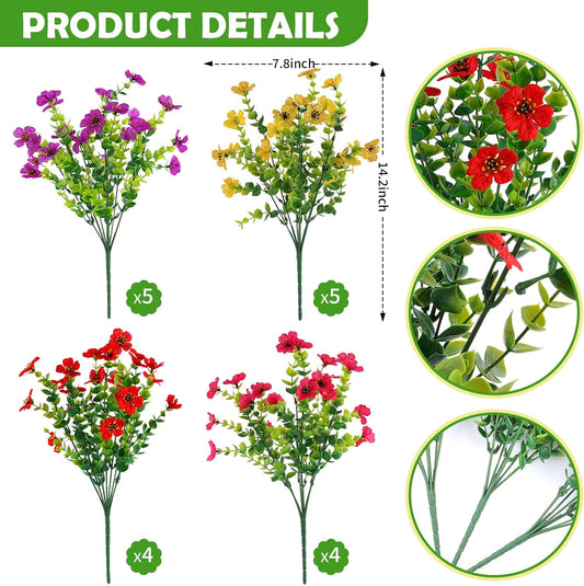 18 Pcs Artificial Flowers for Outdoors UV Resistant Fake Flower Plastic Spring Flowers Faux Silk Plants for Outside Porch Window Easter Patio Home Decor (18, Red, Purple, Yellow, Rose Red)