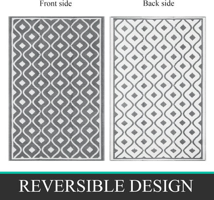 Pauwer Waterproof Outdoor Rug 6x9, Reversible Plastic Straw Patio Camping Rug, Indoor Outdoor RV Mat Carpet for Deck, Camper, Porch, Balcony, Backyard, Picnic, Geometric Grey