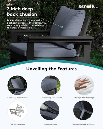 SERWALL Outdoor Patio Sofa Set, 2-Piece HDPE Single Seat Outdoor Sofa Chair with Padded Cushions, Black Frame with Grey Cushion