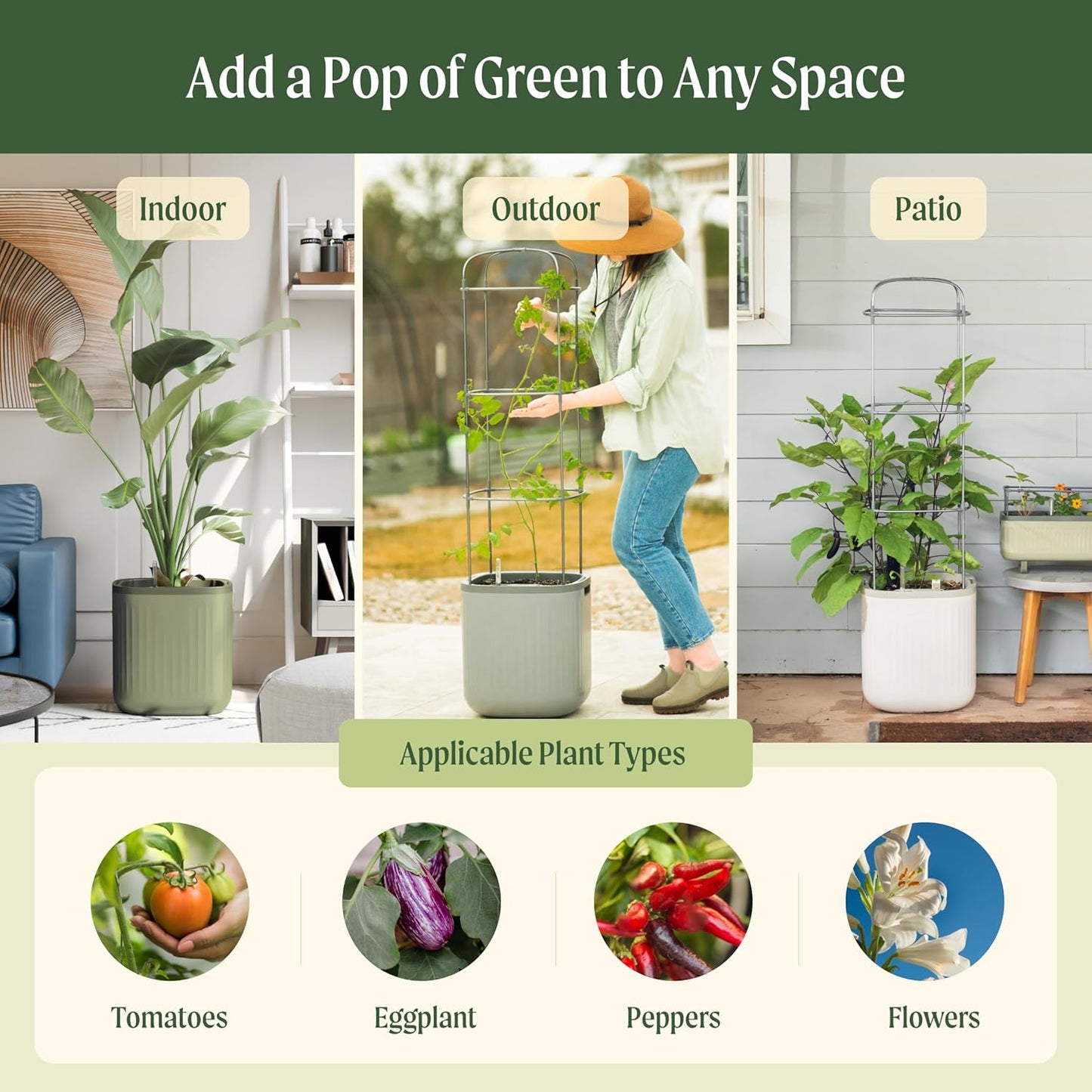 Vego garden Tomato Planter Box with Trellis Self-Watering Rolling Raised Garden Bed for Climbing Vegetables Plants Cage - Sage Green