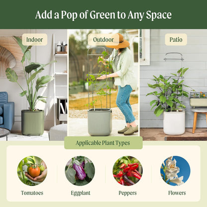 Vego garden Planters for Outdoor & Indoor Plants, Large Plant Pots with Self Watering, 15" Tall Large Plant Pots with Trellis for Flowers Plants Decor, Fog Gray