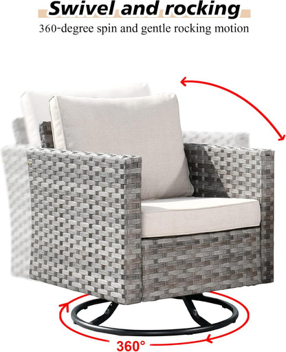 HOOOWOOO 9 Piece Modular Patio Outdoor Sectional Furniture Set with Large Propane Fire Pit Table,Wicker Conversation Sofa Set with Swivel Chairs,Outside Couch Set(Beige)