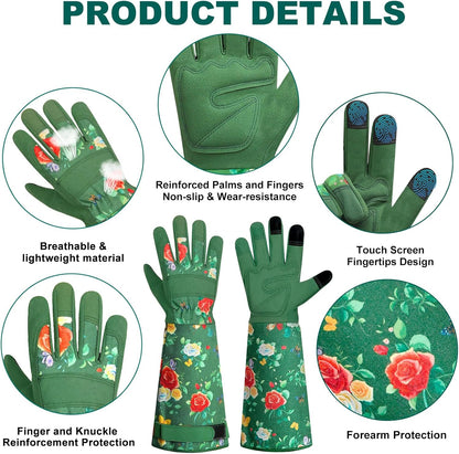DLY Gardening Gloves,Leather Rose Gloves,Women's Long Glove for Gardening Work and Yard Work,Durable and Comfortable(Large, Green