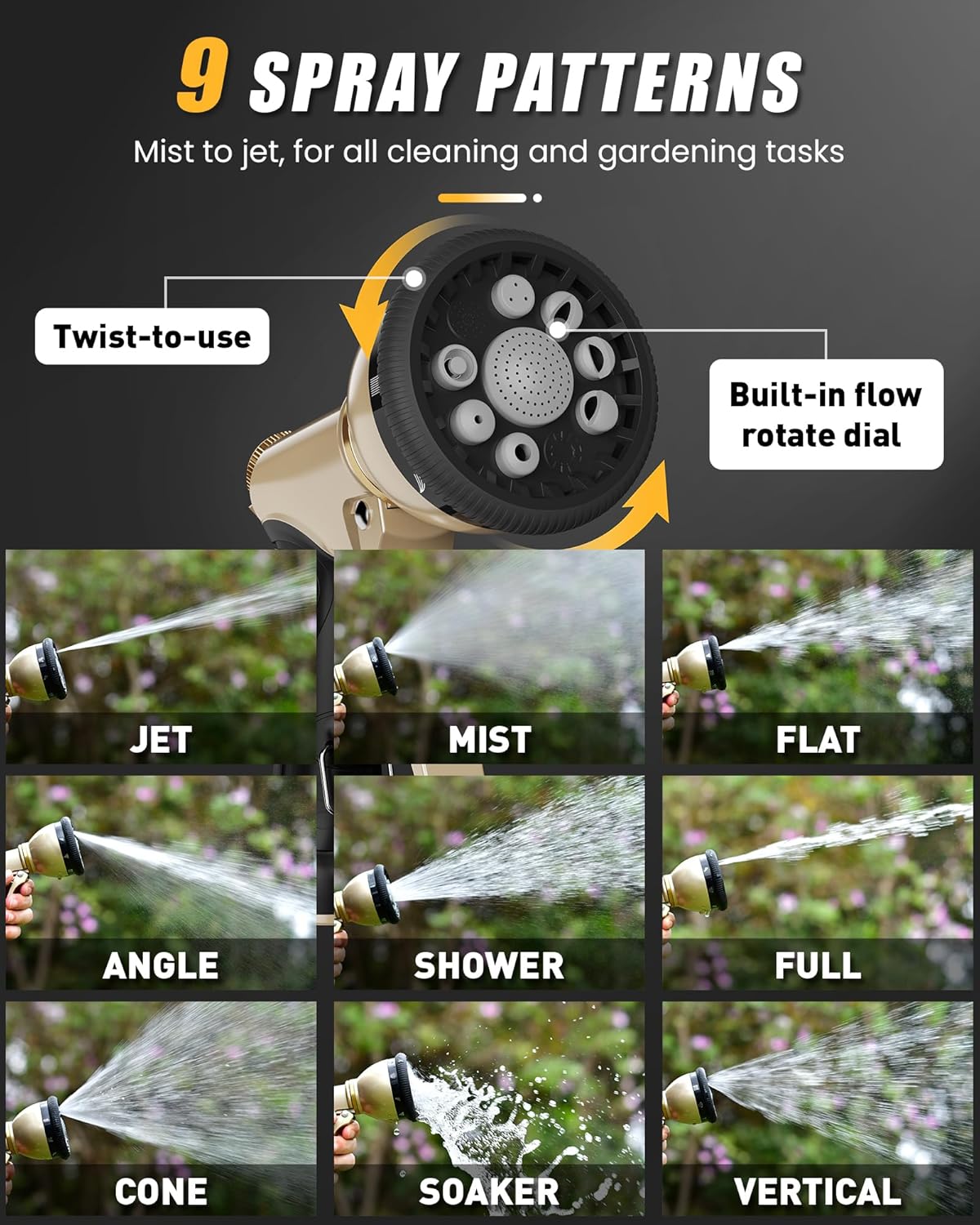 RAINPOINT Garden Hose Nozzle, Hose Sprayer Nozzle with 9 Spray Patterns, High Pressure Water Hose Nozzle Heavy Duty Metal Hand Sprayer, Watering Plants and Lawn,Grey