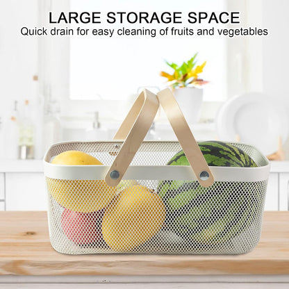 Portable Garden Harvest Basket-Mesh Design Natural Bamboo Handle Wire Storage Baskets,Mesh Basket with Handle Organize Items Reduce Space Occupation,Suitable for Kitchen,Garden,Picnic(White)
