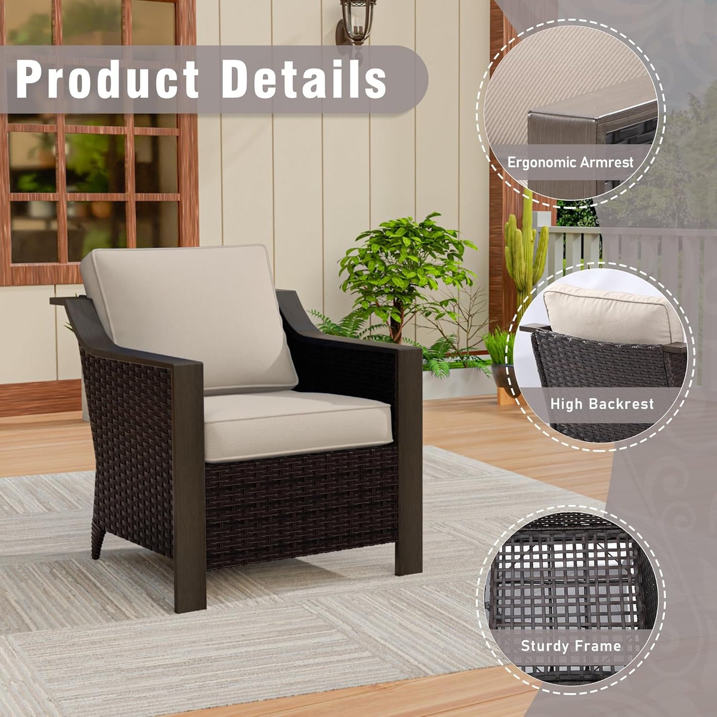5 Piece Wicker Patio Conversation Set, All-Weather Use Outdoor 2 PE Rattan Chair, 2 Ottoman, 1 Patio Sofa, Removable Water-Resistant Cushion, Ideal for Porch, Backyard, Balcony, Poolside, Beige