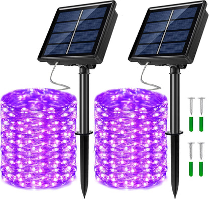 2 Pack Solar Powered Fairy String Lights Outdoor Waterproof 8 Modes Twinkle Christmas Decorations Lights, Each 33ft-100LED, 40ft-120LED, 66ft-200LED, 80ft-240LED, (Purple, 33)