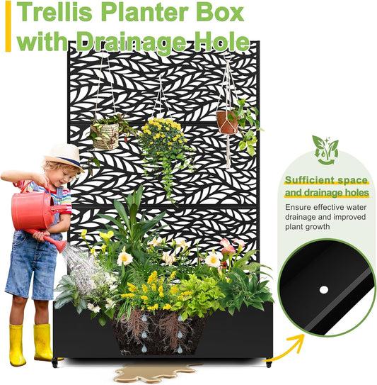FENCY Metal Raised Garden Bed with Wheels and Trellis,73"x47"x16" Planter Box for Climbing Plants, Vegetables & Vines, Features Privacy Screen and Drainage Holes (Black-Leaf)