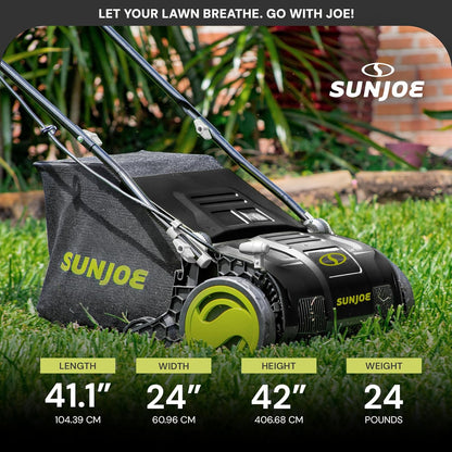 Sun Joe Electric Lawn Dethatcher & Scarifier with 8-Gal Bag, 12 Amp, 12.6 Inch, Black - Heavy Duty Gardening Machine and Equipment for Lawn, Yard, and Grass, AJ801E