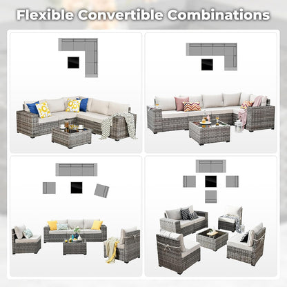 ovios 6 Pieces Patio Furniture Set, Outdoor Wicker Sectional Sofa with Glass Table Comfy Cushions, Modern Modular Deep Seat Couch Rattan Conversation Set, Beige