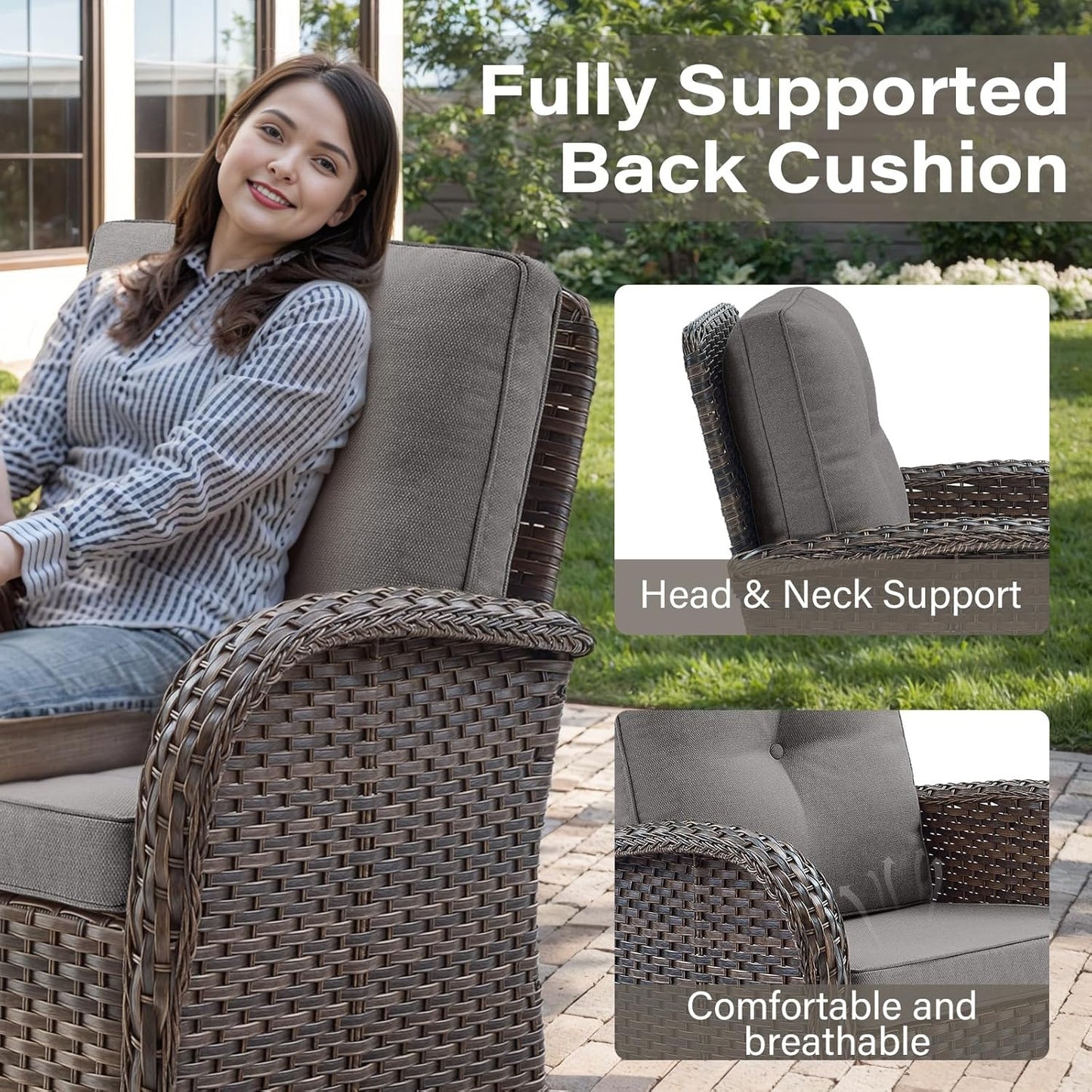 Outdoor Wicker Furniture Set with Swivel Chairs, 5 Piece Small Patio Conversation Sets with Rattan Loveseat Coffee Table for Patio Deck Porch Backyard, Grey Cushion