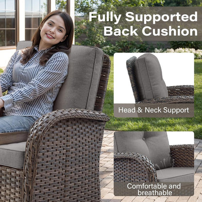 Expansive 10 Pieces Outdoor Patio Furniture Set with 43” Propane Fire Pit Table, Patio Conversation Set with Swivel Rocker Outdoor Chairs Set of 4 and Sofa, Ottoman and Wicker Side Table Brown