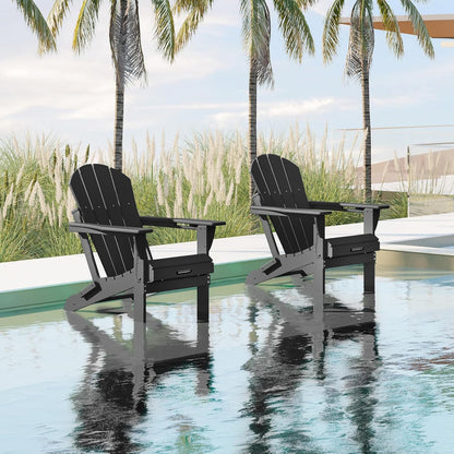 MUCHENGHY Folding Adirondack Chairs 2 Pack, Patio & Outdoor Chairs, Plastic Weather Resistant with Cup Holder for Deck, Backyard, Garden (Black)