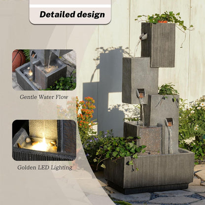 Outdoor Waterfall Fountain with LED Lights – 41.3" Tiered Resin Garden Fountain for Patio, Yard, or Backyard – Weather-Resistant Design Modern Decor