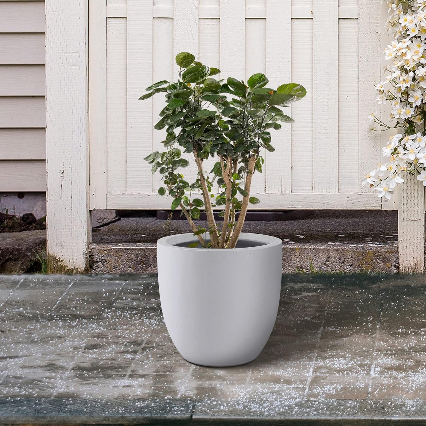 Kante 10 Inch Dia Round Concrete Planter, Indoor Outdoor Large Plant Pot with Drainage Hole and Rubber Plug for Home Patio Garden, Pure White