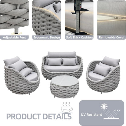 5 Pieces Patio Furniture Set, Outdoor Rope Conversation Sectional Patio Sofa with 5 Seater for Backyard, Porch, Modern Armchairs with Thickness Cushions and Side Table, Light Grey