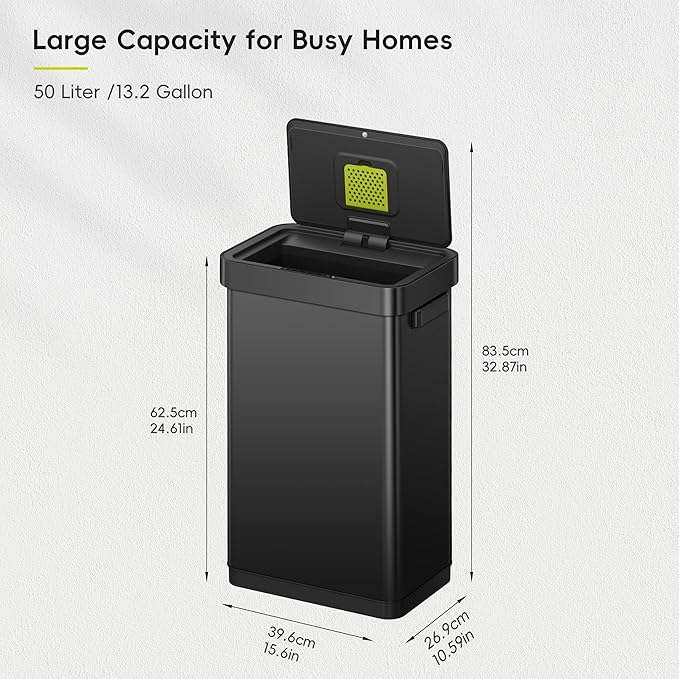 EKO Deluxe Mirage-T 50 Liter / 13.2 Gallon Touchless Rectangular Motion Sensor Trash Can, Matte Black Stainless Steel Finish