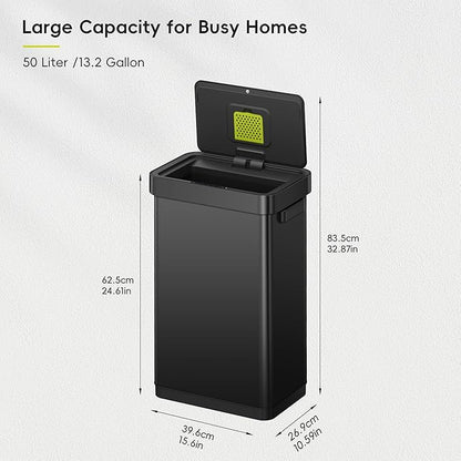 EKO Deluxe Mirage-T 50 Liter / 13.2 Gallon Touchless Rectangular Motion Sensor Trash Can, Matte Black Stainless Steel Finish