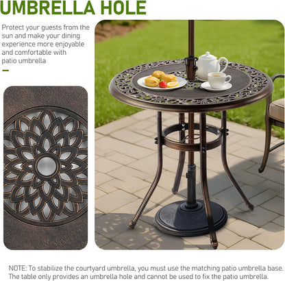 Outvita Outdoor Dining Table, Cast Aluminum Round Patio Bistro Table with Umbrella Hole Weather Resistant Aluminum for Balcony Poolside Garden Lawn