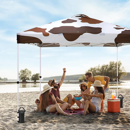 EAGLE PEAK Pop Up Canopy Tent with Wheeled Carry Bag, 8 Stakes, 4 Ropes, 4 Weight Bags, Easy Set Up Tent Canopy, 10x10 ft, 100sqft of Shade, Brown Cow Print