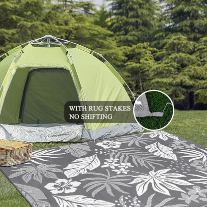 Pauwer Waterproof Outdoor Rug 8x10, Reversible Plastic Straw Patio Camping Rug, Indoor Outdoor RV Mat Carpet for Deck, Camper, Porch, Balcony, Backyard, Picnic, Floral Grey